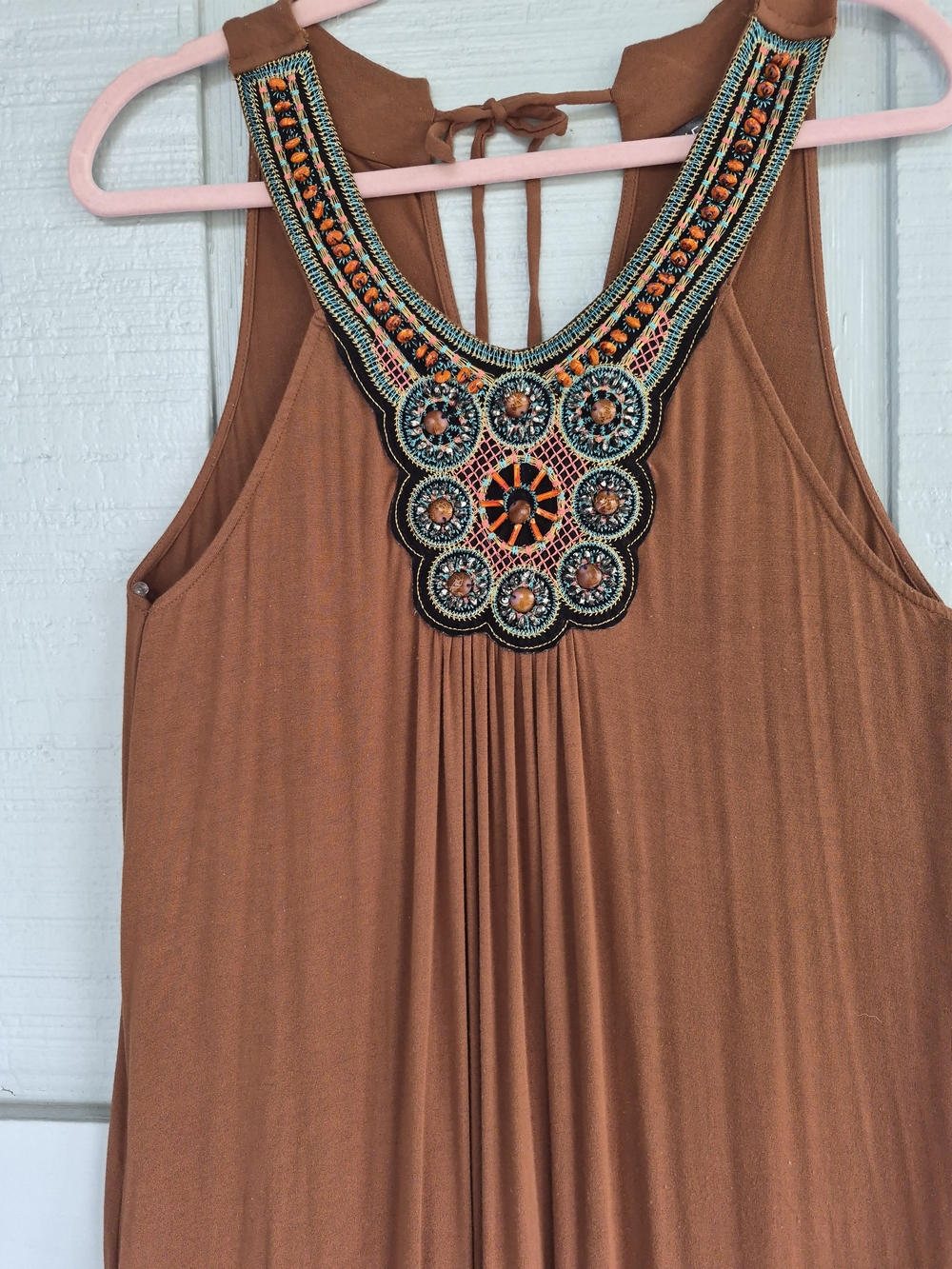 VENUS Rust Brown Maxi Halter Dress with Beaded Yoke Front Large Boho Hippie - Picture 5 of 9